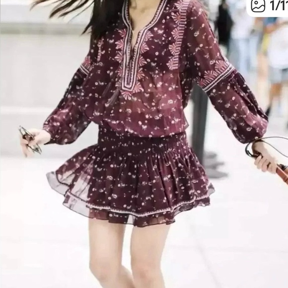 Ulla Johnson Dresses & Skirts - Ulla Johnson silk burgundy Gita dress mini floral w embroidery 2